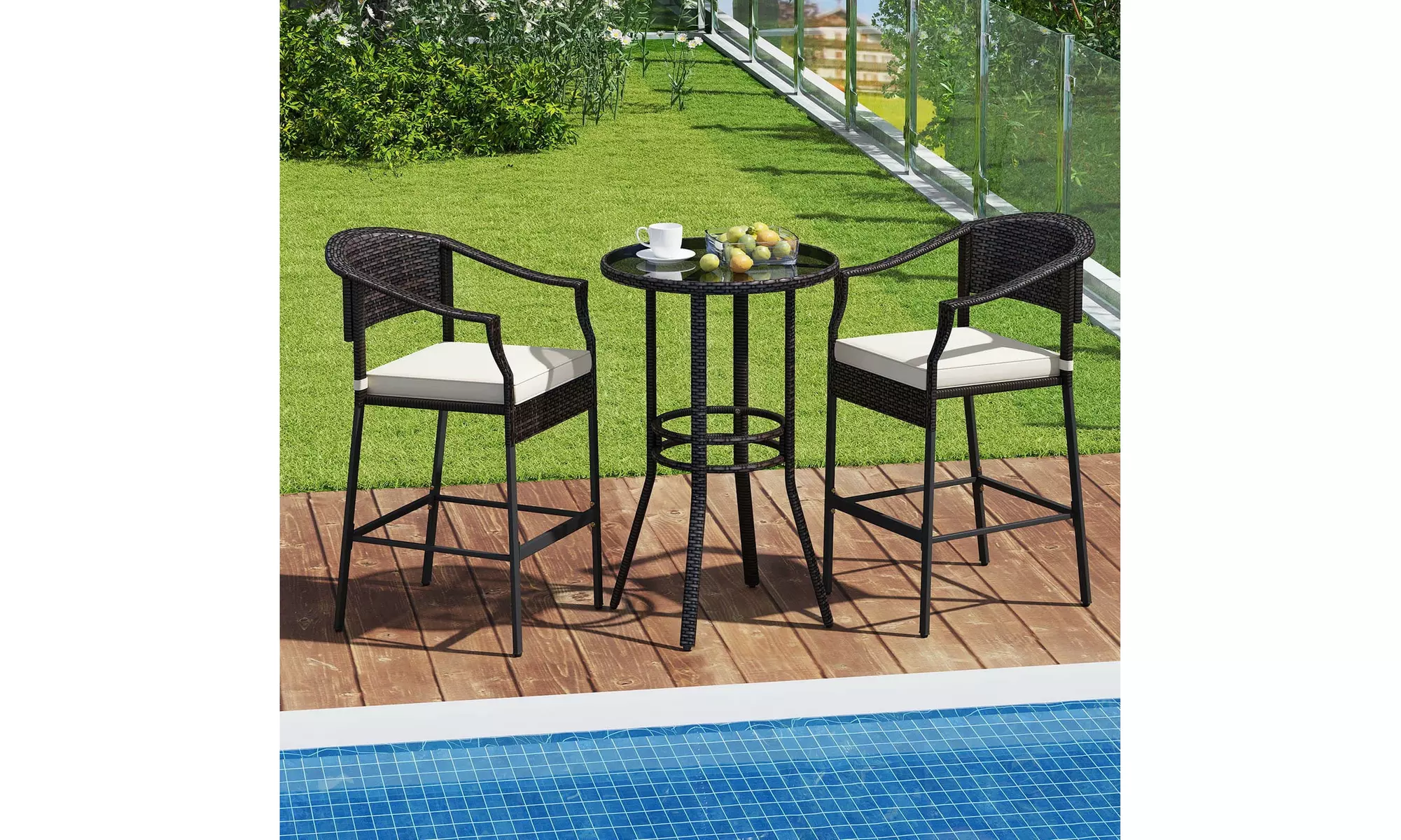 Costway 3-Piece Patio Rattan Bar Set Wicker Bar Height Armchairs and Round Table