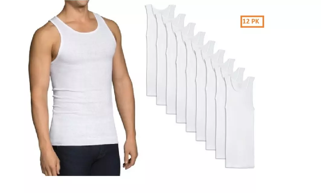 12 Pack Fruit of the Loom Men's White A-shirts tank tops - Primary Image