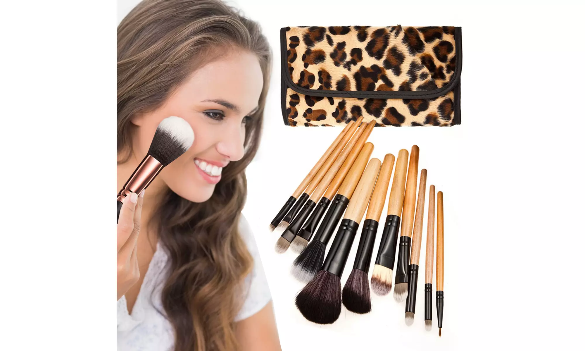 Stylish Cosmetic Makeup Brushes Set with Striking Leopard Print Pouch (12 Piece) - Primary Image