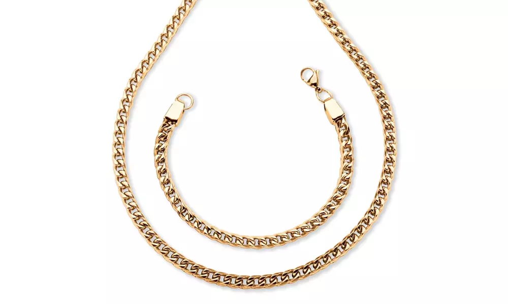 Men's Curb-Link Chain and Bracelet Set Gold Ion-Plated - Primary Image