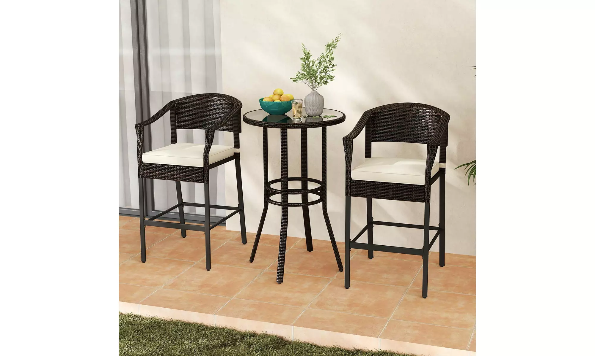 Costway 3-Piece Patio Rattan Bar Set Wicker Bar Height Armchairs and Round Table