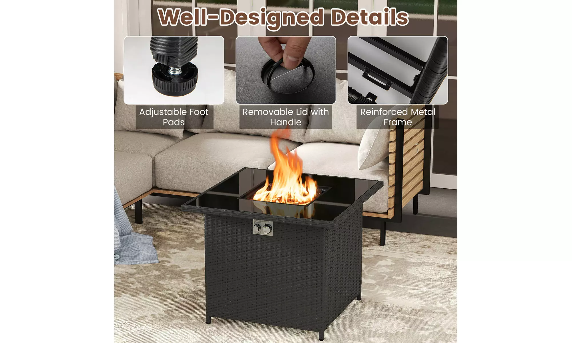 Costway Propane Fire Pit Table with Metal Slatted Tabletop & Steel Burner