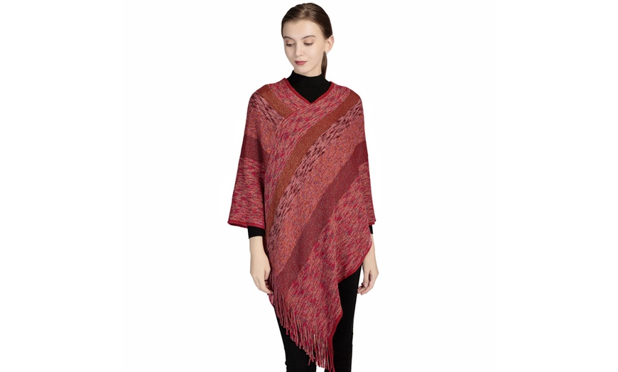 Image 7: Women's Striped Cable Knit Poncho Sweater with Fringed Hems