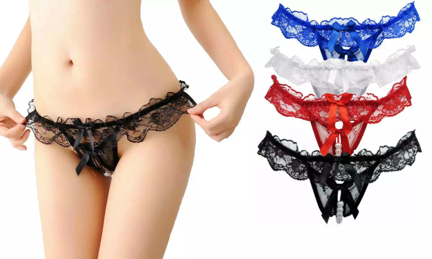  (4 Pack) Lace & Pearls Thong Bikini Open Crotch Crotchless Panties - Primary Image