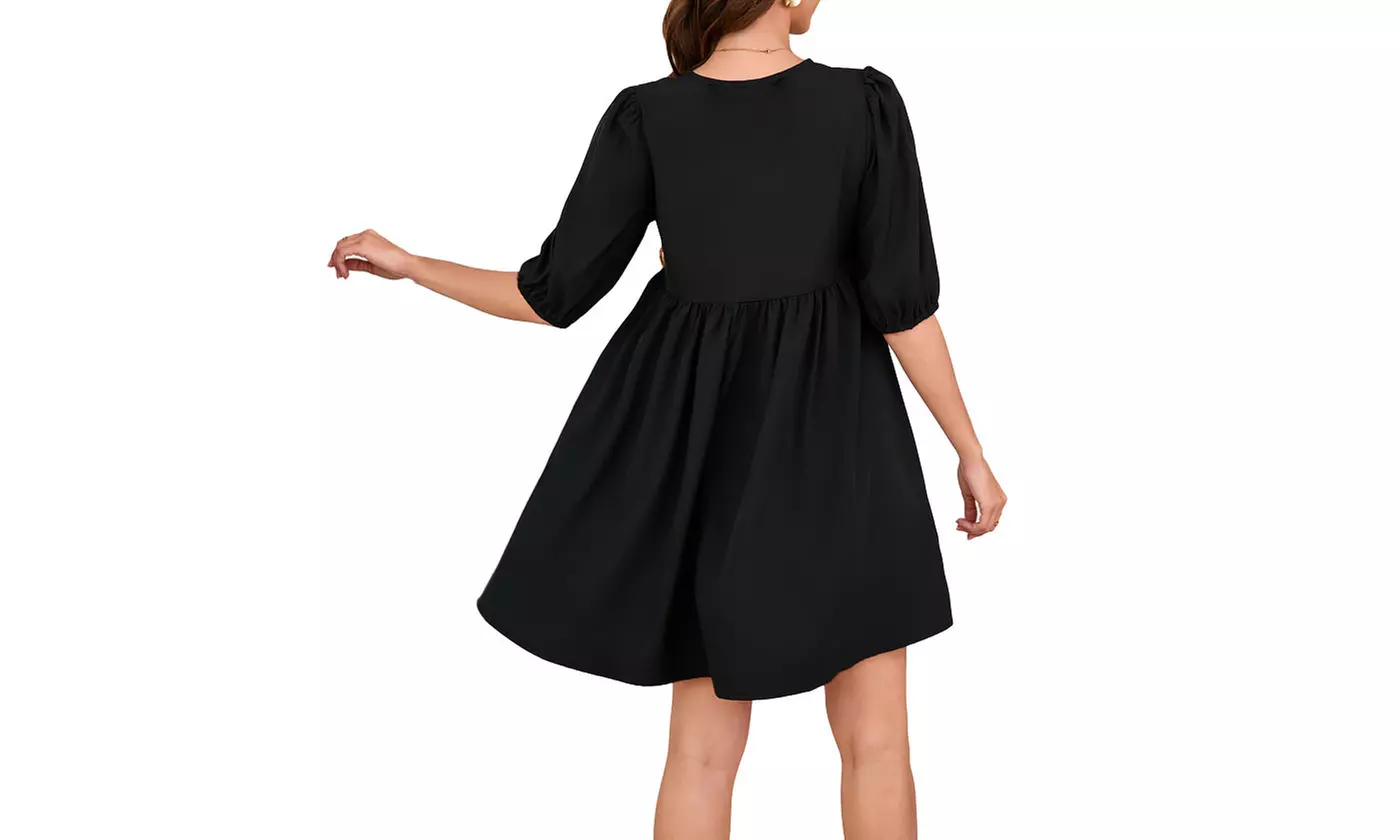 Bow-Front Maternity Dress Puff Sleeves Flowy A-Line Skirt Baby Shower Dress