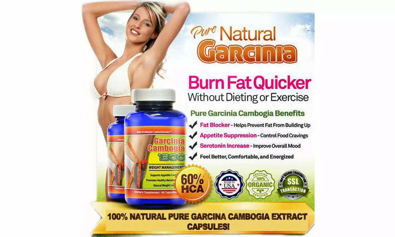 Garcinia Cambogia Extract 60% HCA Weight Loss Fat Burner Diet Pills - 2 Bottles - Primary Image