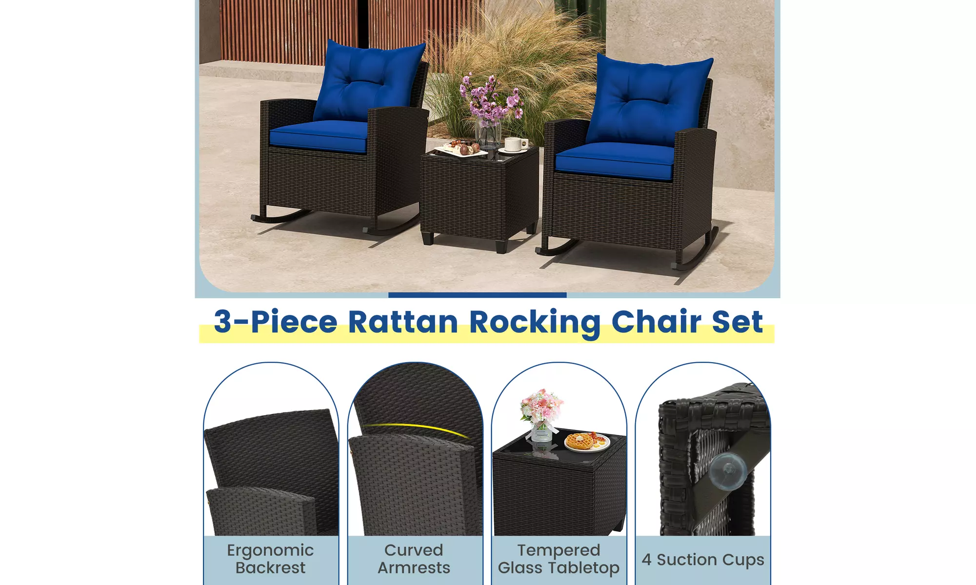 Costway 3 PCS Patio Wicker Rocking Set with Tempered Glass Table & Soft Cushions
