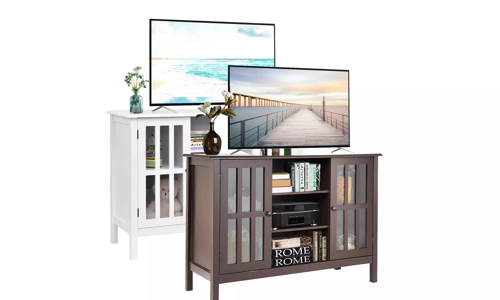 Costway Wood TV Stand Storage Console Free Standing Cabinet Holds Up To A 45" TV - Primary Image