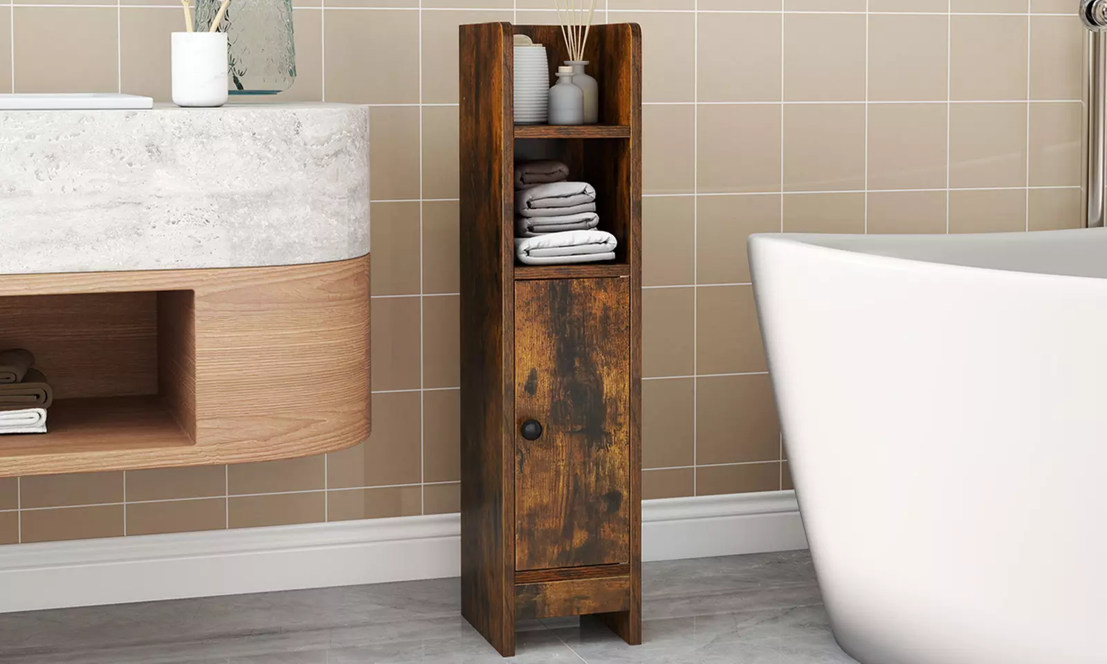Costway Bathroom Storage Cabinet with Adjustable Shelf 1 Door & 2 Open Shelves