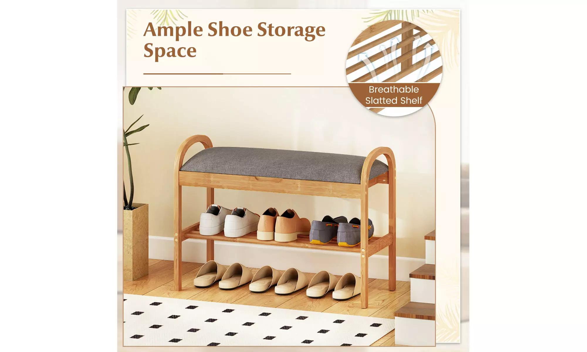 Costway Bamboo Entryway Shoe Bench 2-Tier Shoe Rack with Padded Seat Cushion