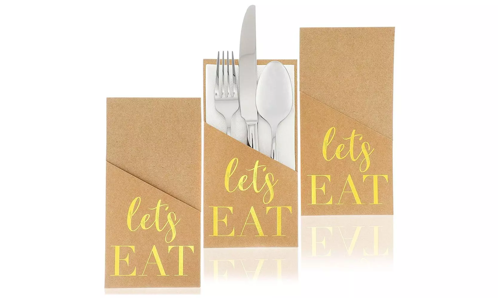 50 Kraft Paper Utensil Holder Pocket Sleeve for Party Event, Gold Foil 7.5 x 3.5 - Second Medium