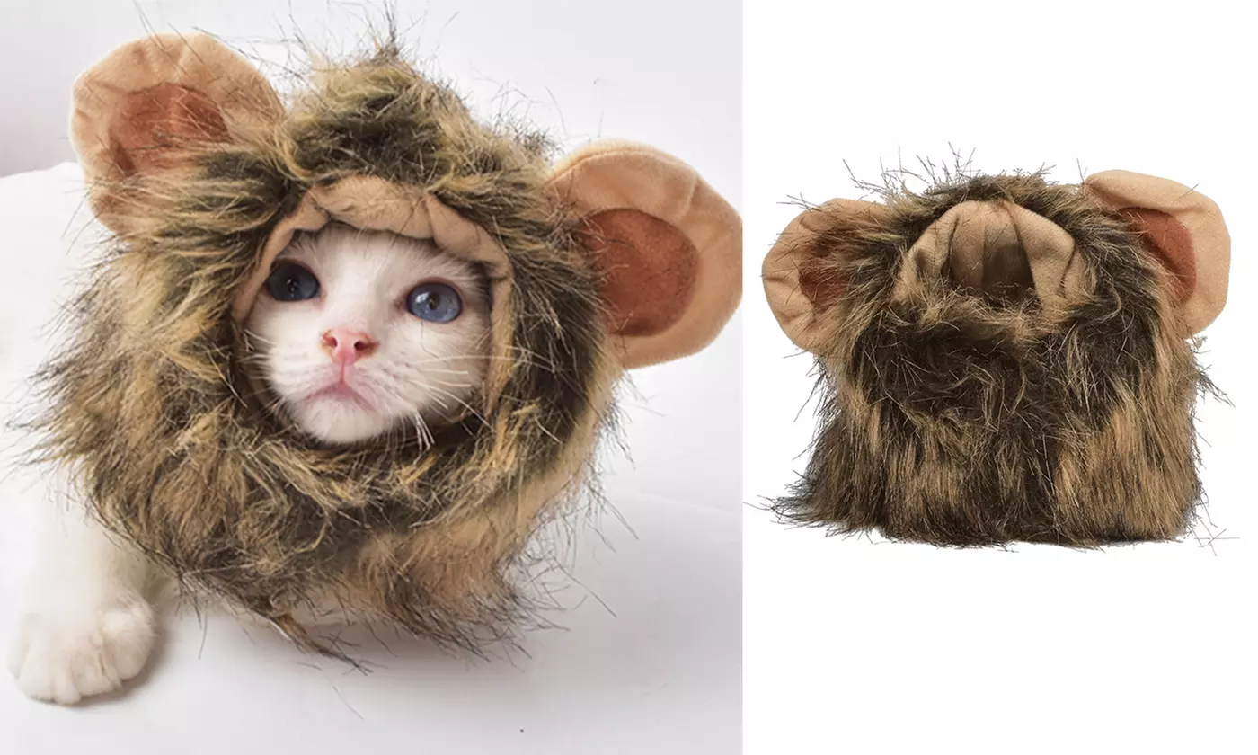 Cat Lion Mane Wig Costume Christmas Little Dog Lion Hair Adjustable Hat  - Primary Image