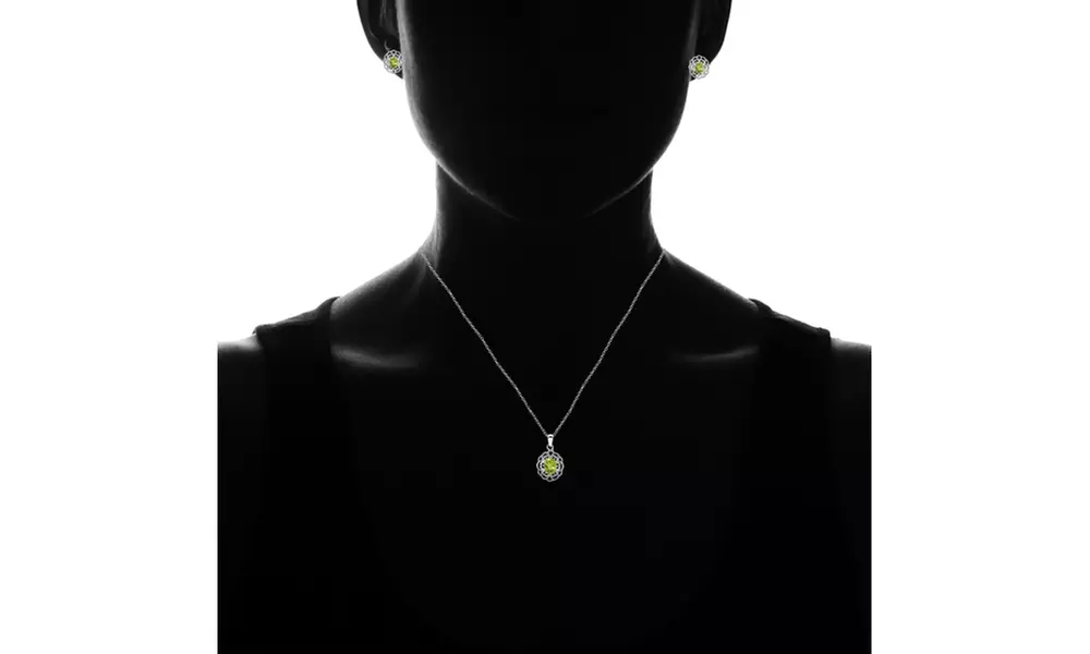 Peridot Oval Filigree Flower Necklace and Stud Earrings Set in Sterling Silver - Second Medium