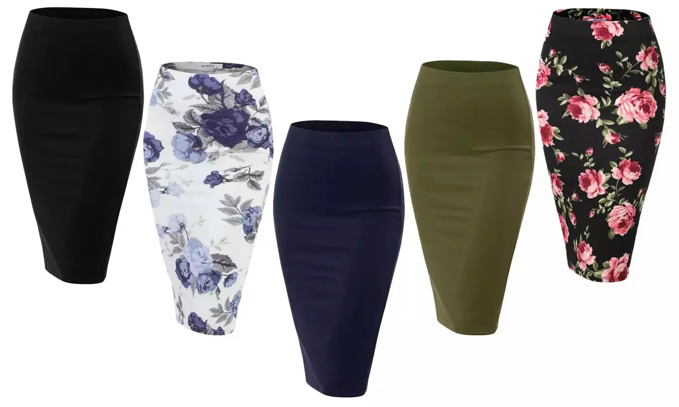 Doublju Women's Stretch Knit Midi Pencil Skirts - Primary Image