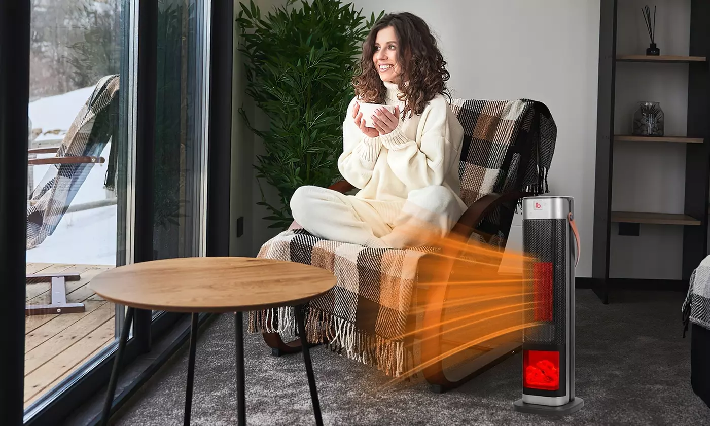 iMounTEK 1500W Oscillating Ceramic Tower Space Heater with 3D Flame & 3 Modes