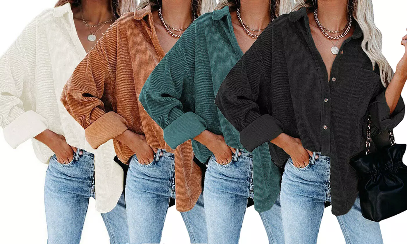 Women's Corduroy Button-Down Shirt Jacket Loose Long Sleeve Oversized Tops - Primary Image