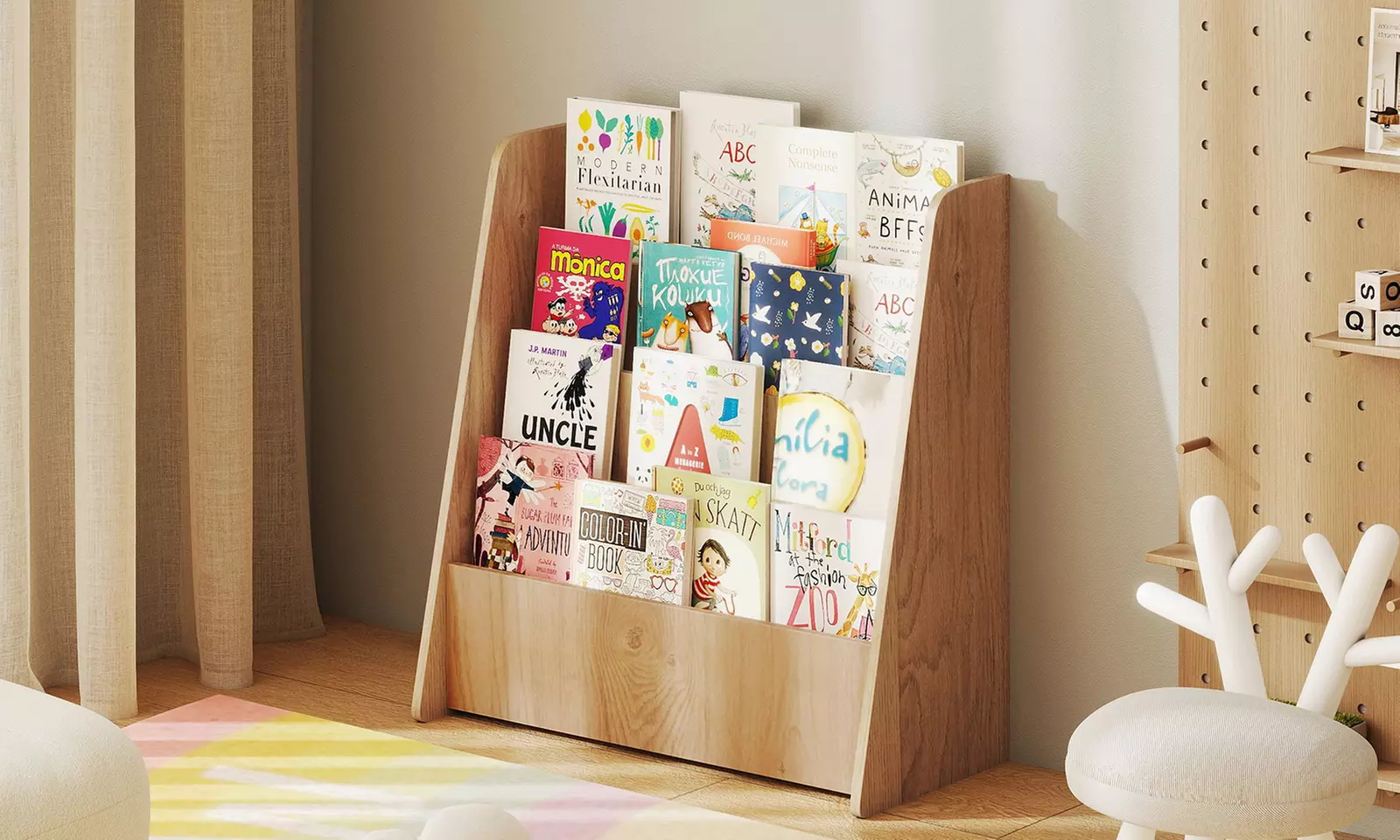 Costway 4-tier Kids Wooden Bookshelf Toddlers Book Rack with Deep Shelves