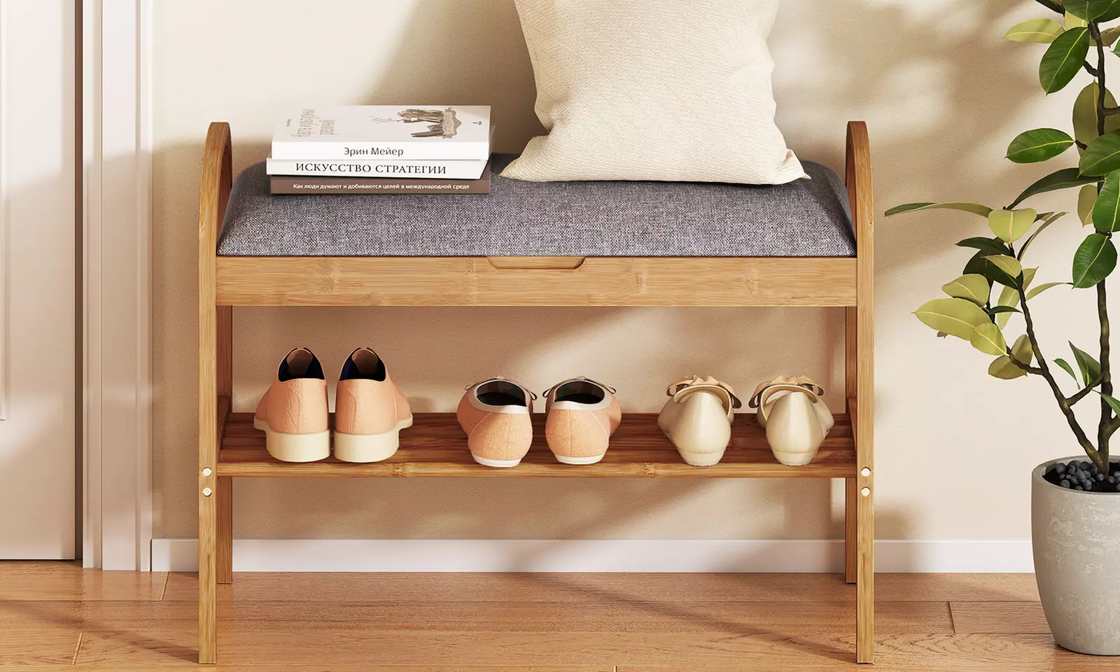 Costway Bamboo Entryway Shoe Bench 2-Tier Shoe Rack with Padded Seat Cushion