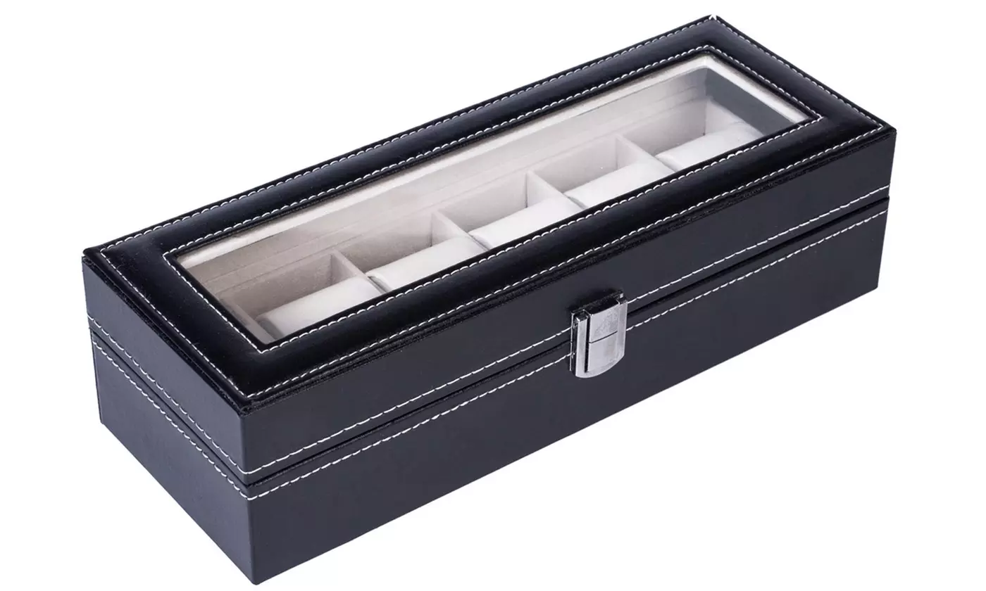 6 Slot Leather Watch Box Display Case Organizer Glass Jewelry Storage Black - Primary Image