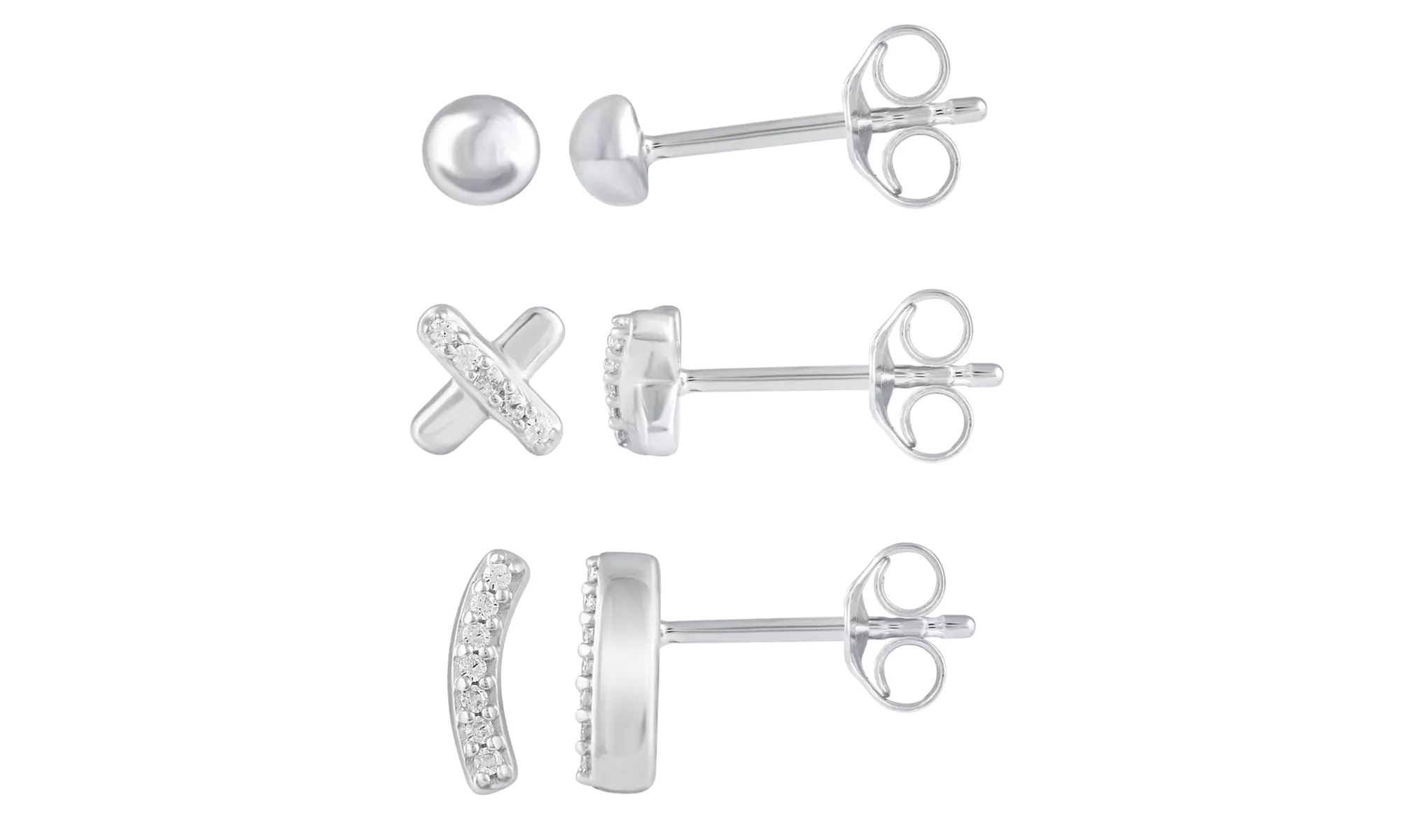 3 Pairs Set 1/10 Cttw Diamond Circle XO Curved Bar Stud Earrings 925 Silver