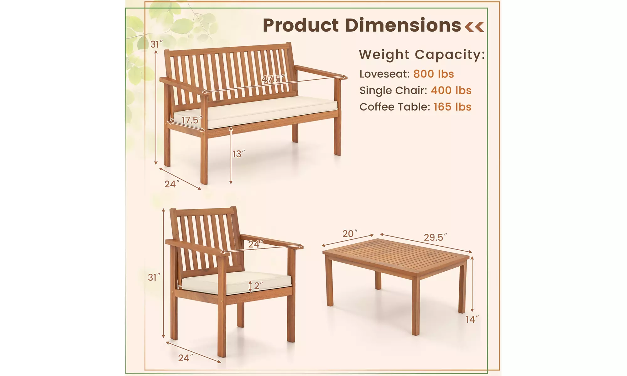 Costway 4 PCS Patio Wood Furniture Set with Loveseat, 2 Chairs & Coffee Table