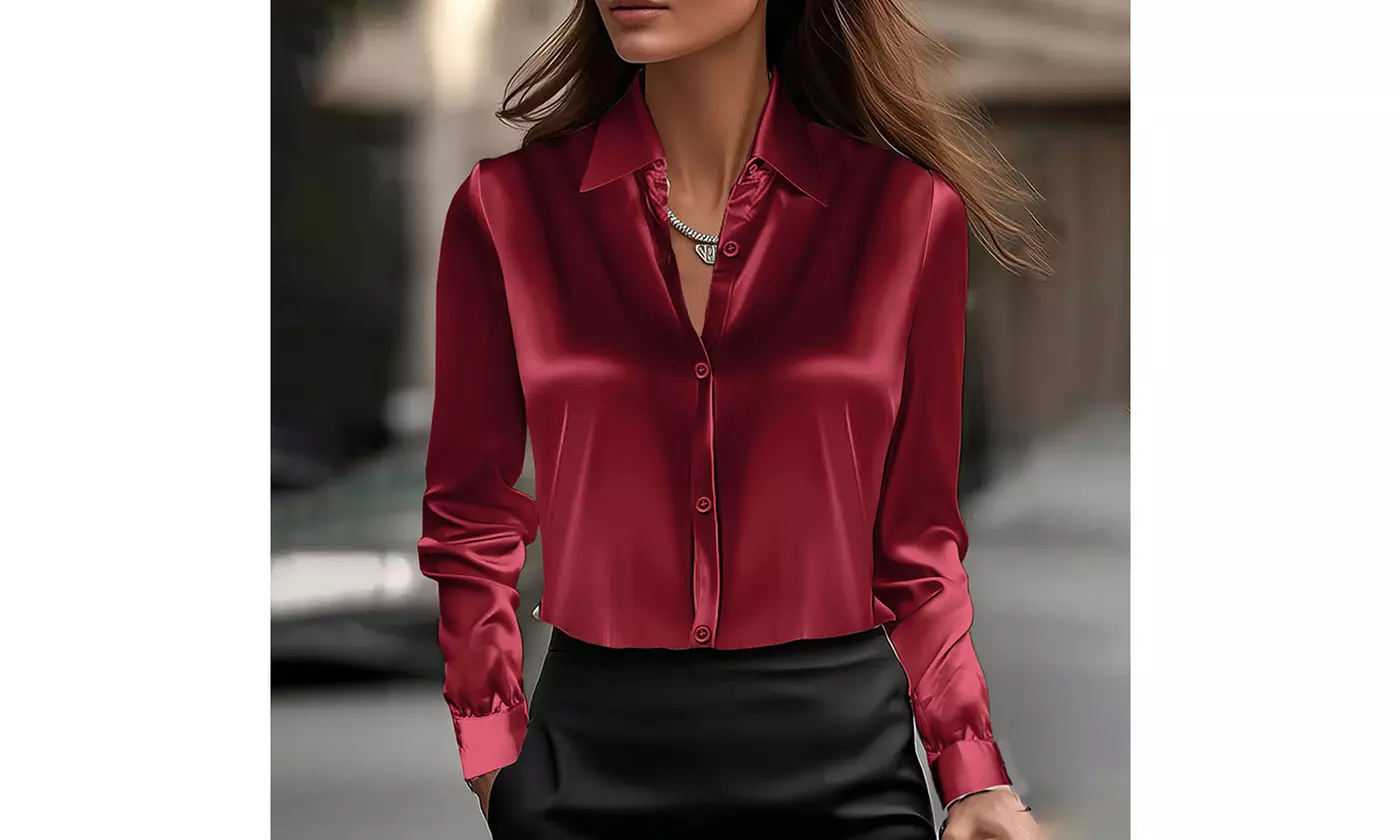 Women's Satin Button-Down Shirt Wrinkle-Free Soft Long Sleeve Blouse