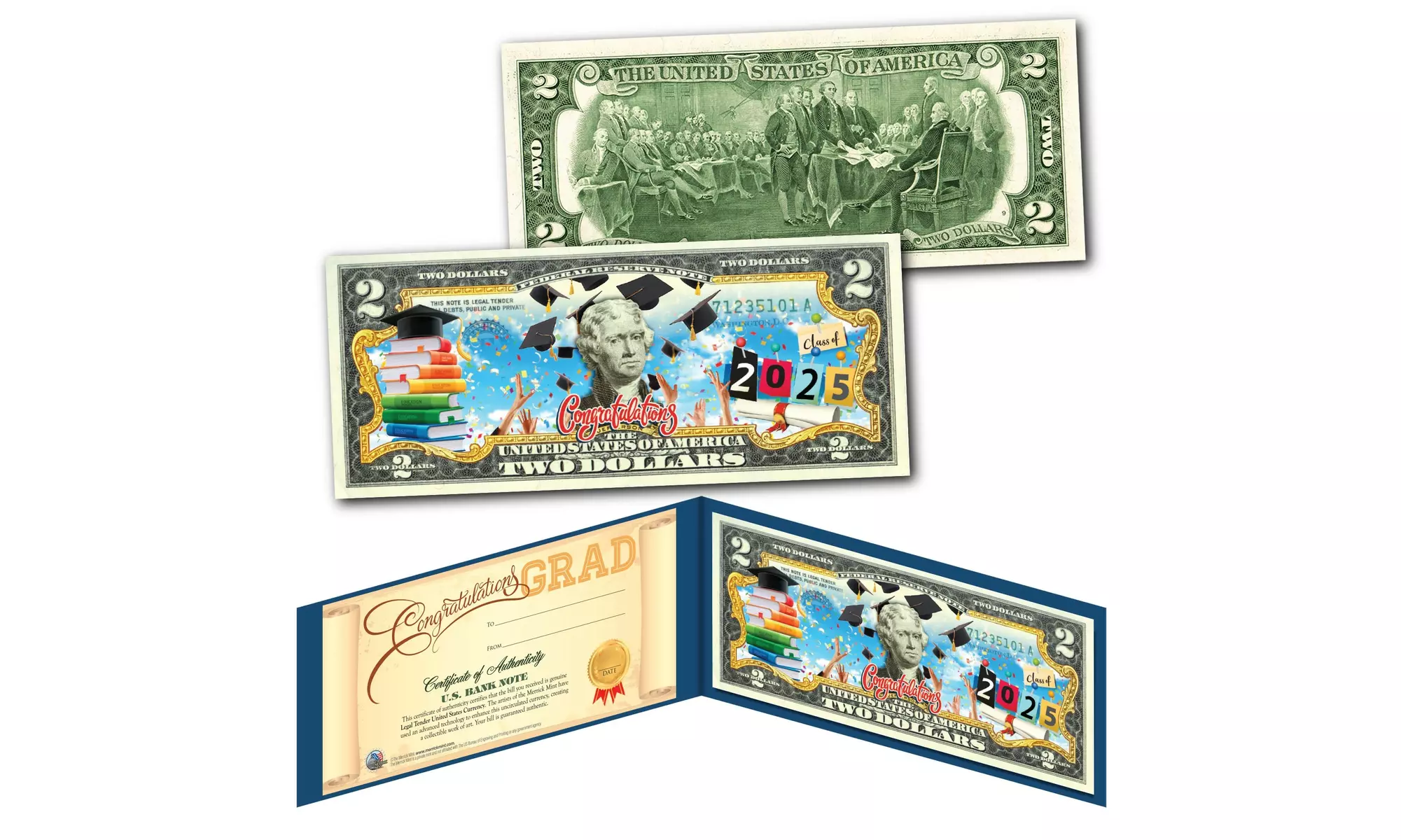 Happy Graduation 2025 Genuine Two Dollar Bill with Diploma Style Certificate