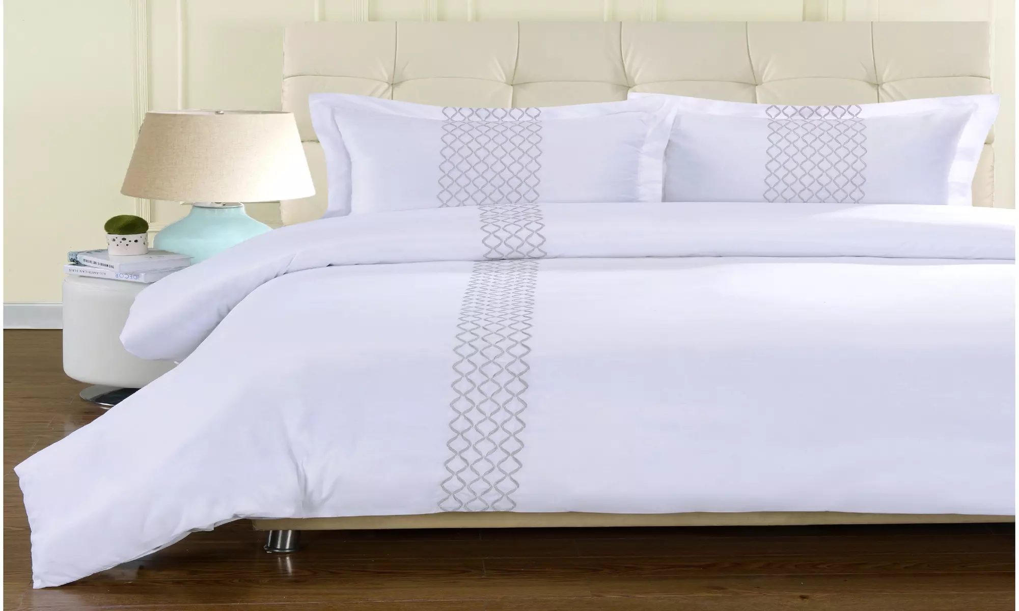 Superior Hannah Geometric Embroidered Solid Wrinkle Resistant Duvet Cover Set - Primary Image