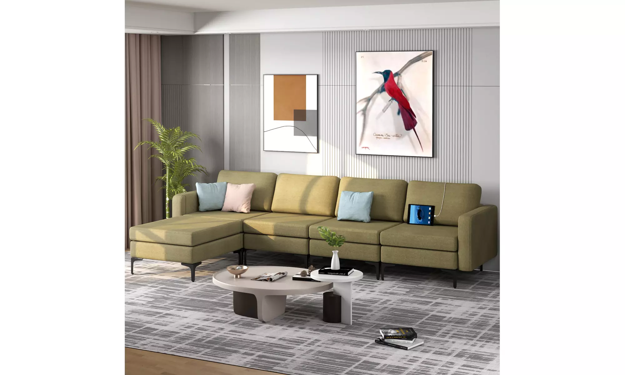 Costway Modular L-shaped Sectional Sofa with Reversible Chaise and 4 USB Ports 