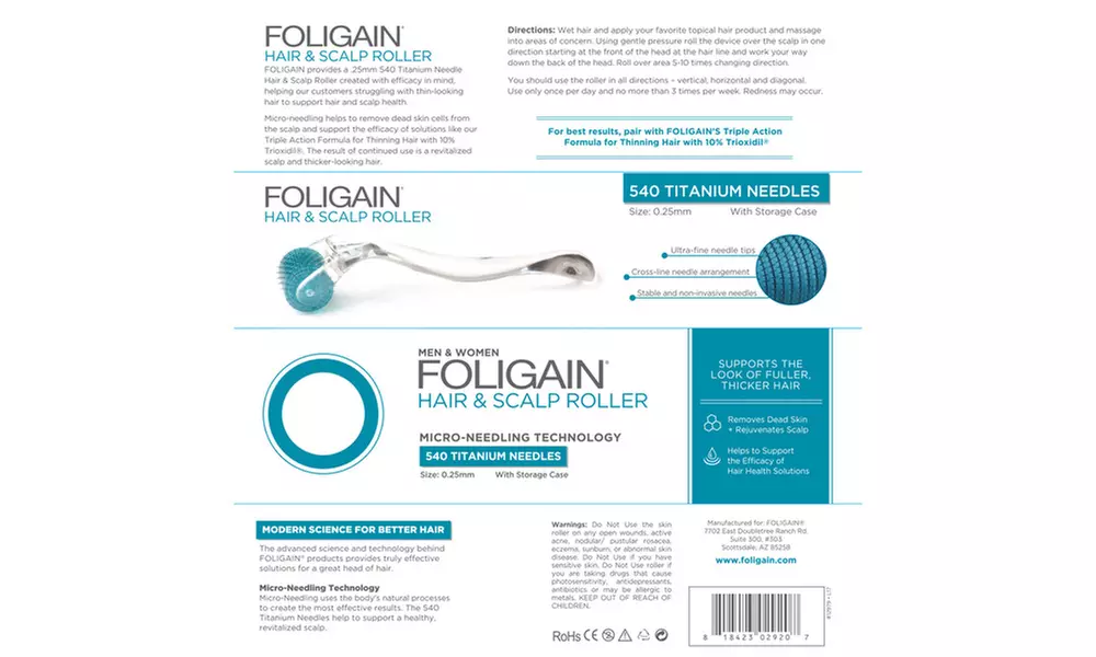 Foligain Hair and Scalp Roller with 540 Titanium Needles - Second Medium