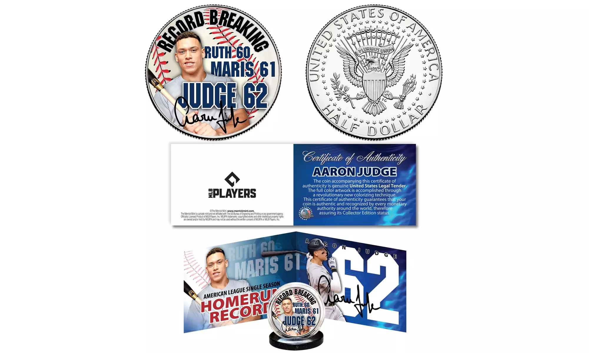 AARON JUDGE 62 Home Run Record JFK Half Dollar Coin w/ Panoramic Certificate - Primary Image