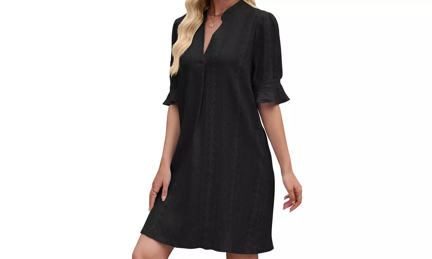 Women's V Neck Ruffled Half Sleeves Shift Dress Flowy Summer Beach Cover Up