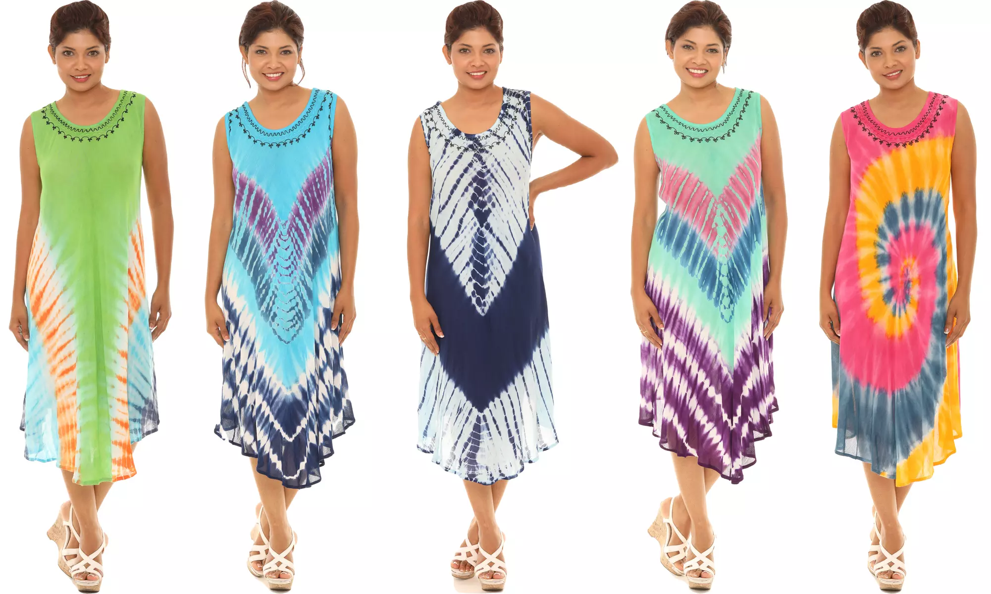 Women's Chevron Stripe Tie Dye Tank Dresses With Embroidered Neckline