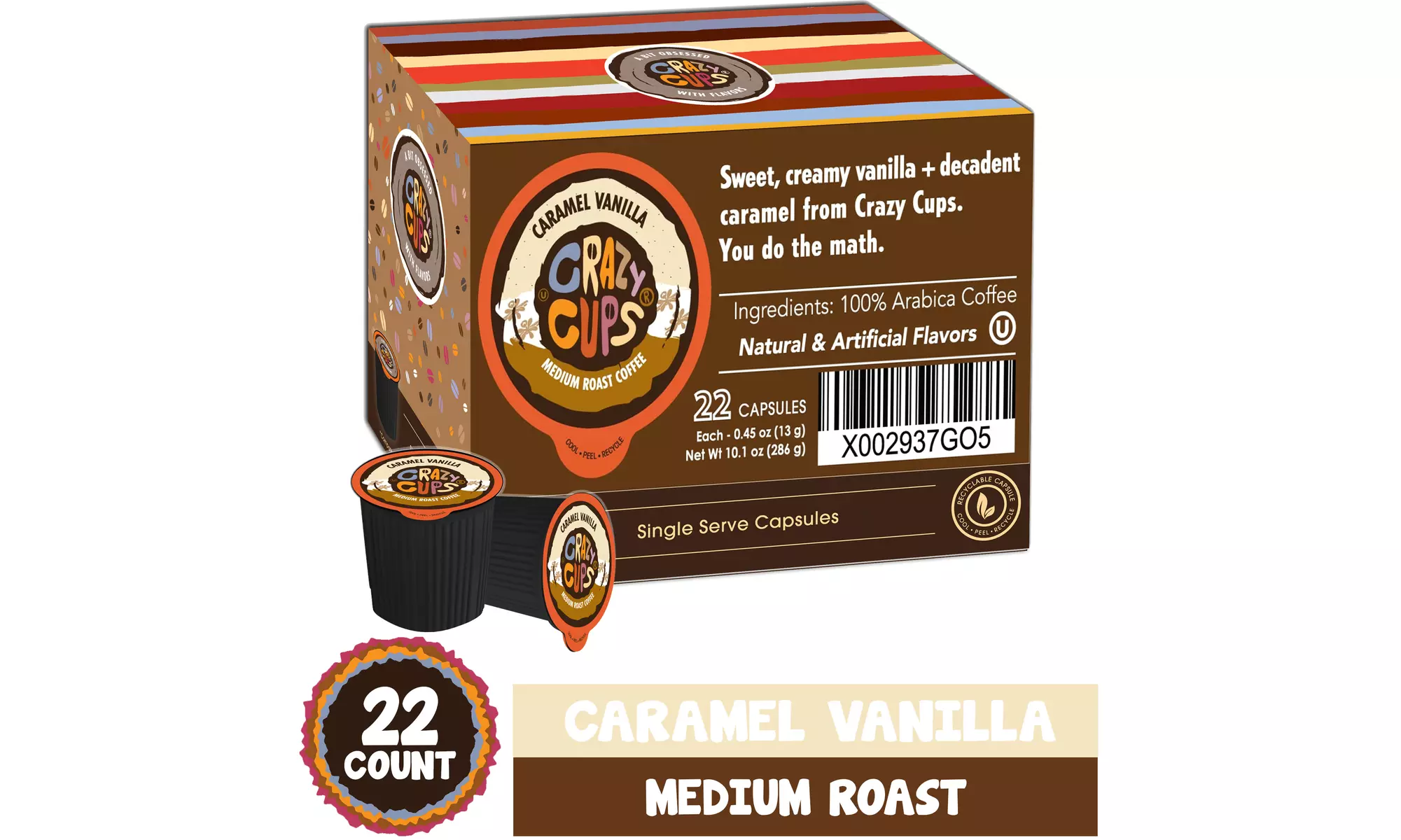 Crazy Cups Caramel Vanilla Hot or Iced Coffee K Cups 22 or 80 Count