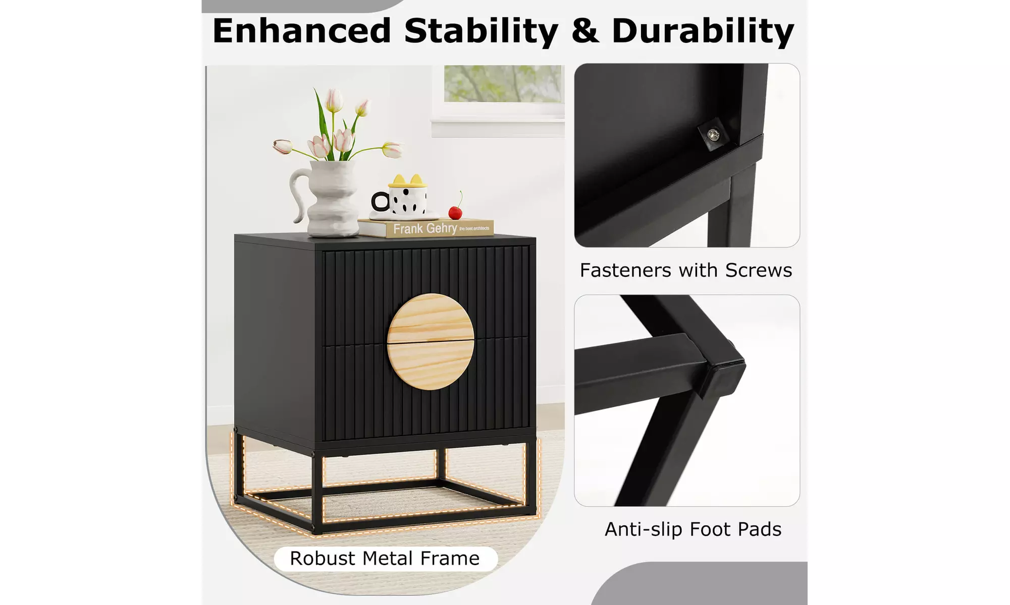 Costway Fluted Nightstand with 2 Drawers with Pine Wood Handles & Metal Frame