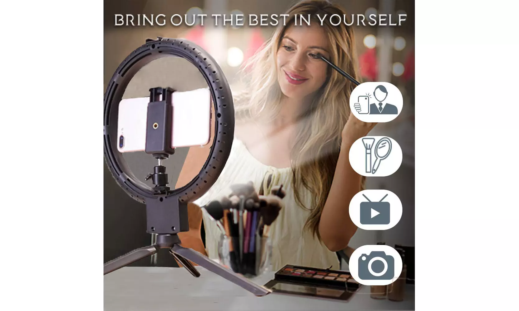 9" LED Dimmable Makeup Selfie Video Shooting Ring Light w/ Tabletop Tripod - Primary Image