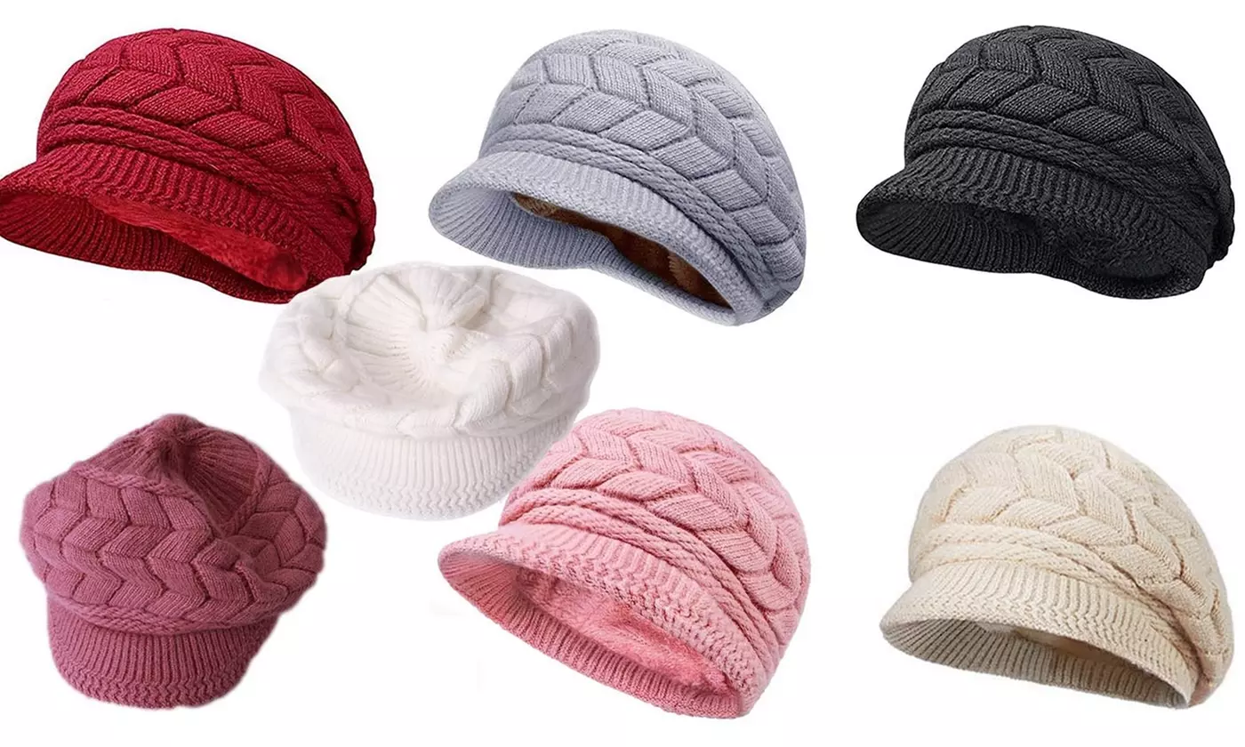 Women's Winter Warm Slouchy Cable Knit Beanie Skull Hat with Brim Visor - Primary Image