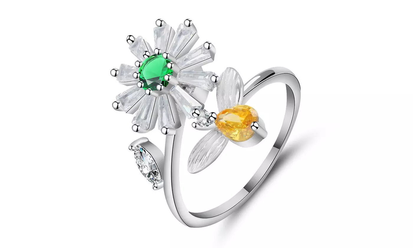 Spinner Fidget Rings Zirconia Daisy Adjustable Open Ring