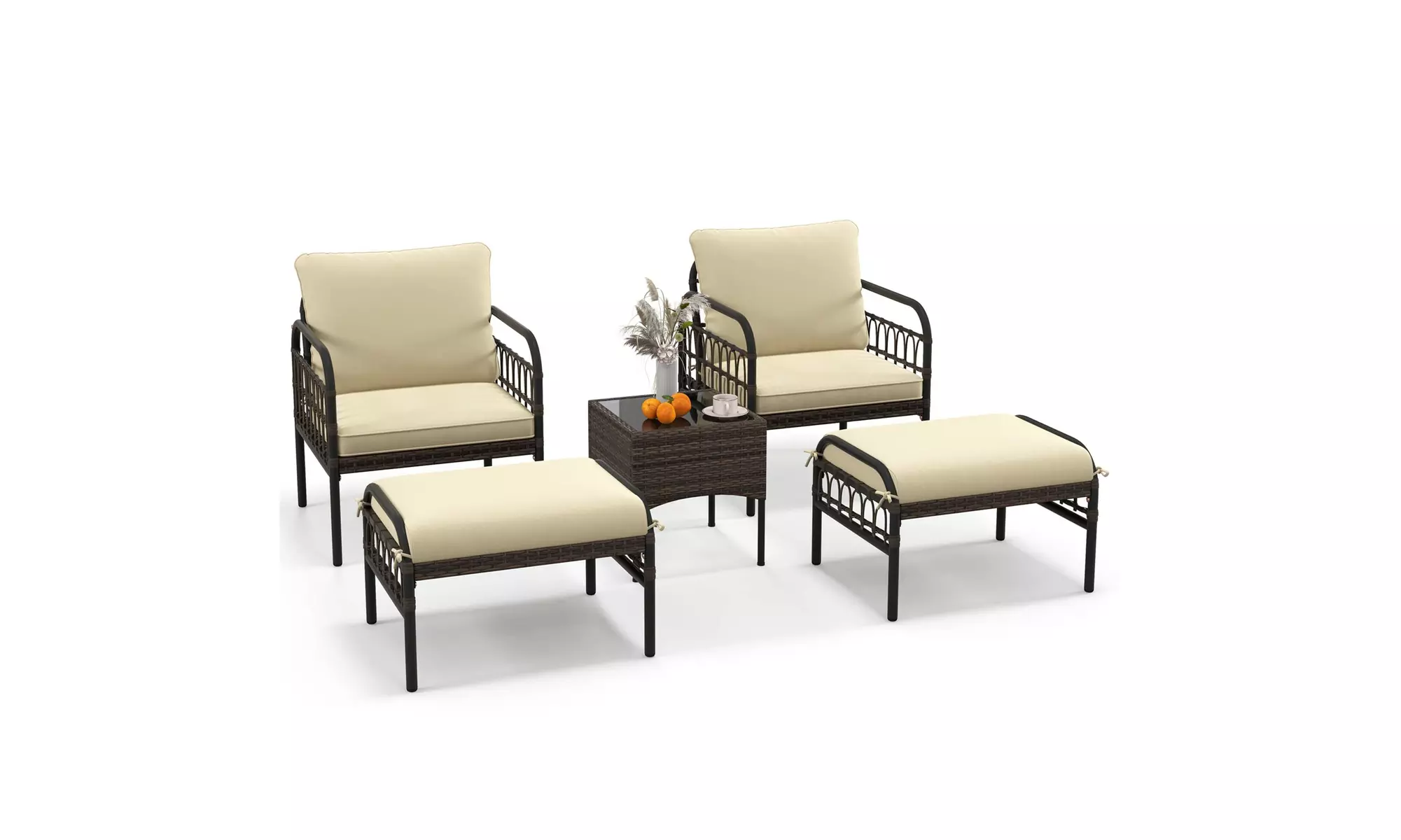 Costway 5 Piece Patio Conversation Set - Outdoor Wicker Chairs, Ottomans & Table