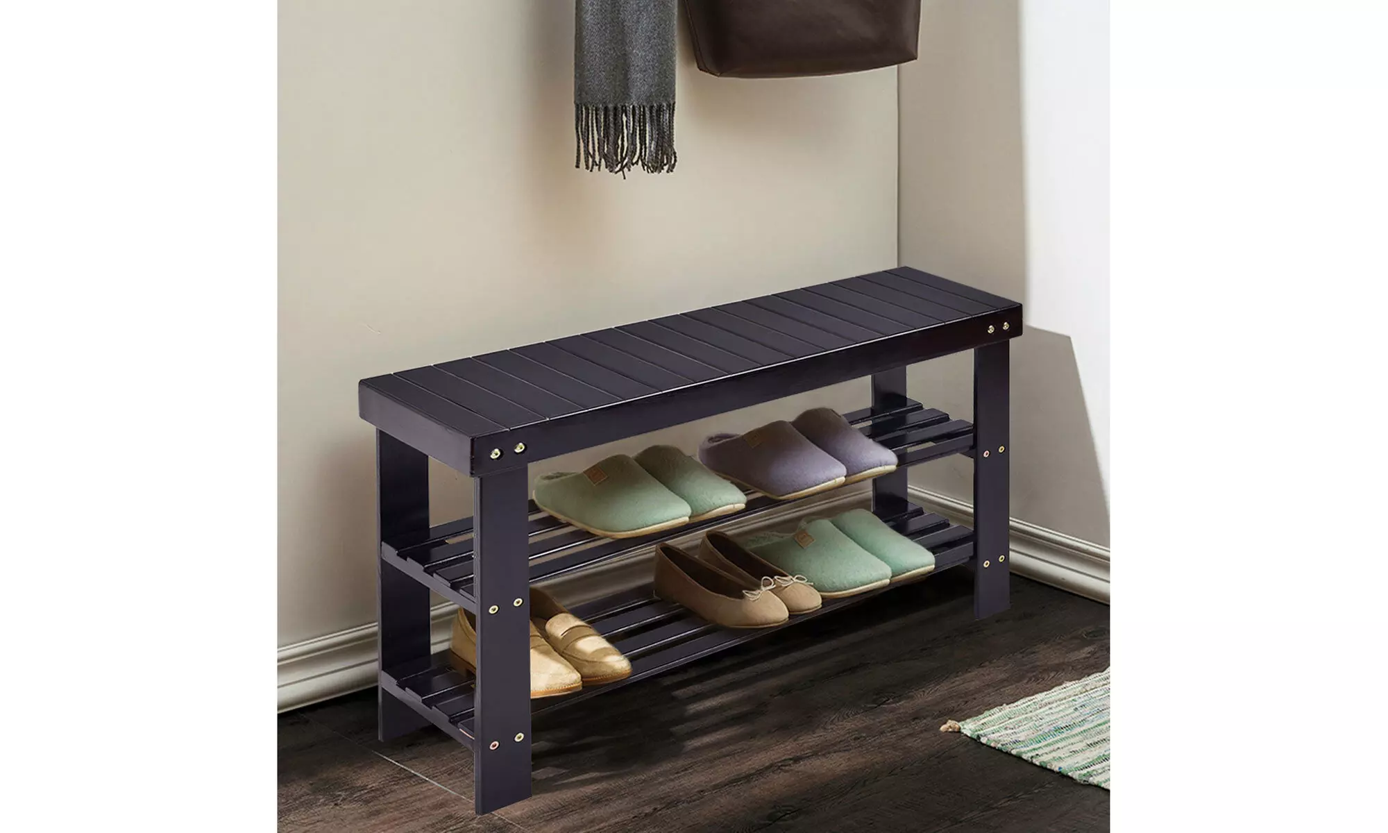 3 Tier Bamboo Shoe Rack Bench Storage Shelf Organizer Entryway Black