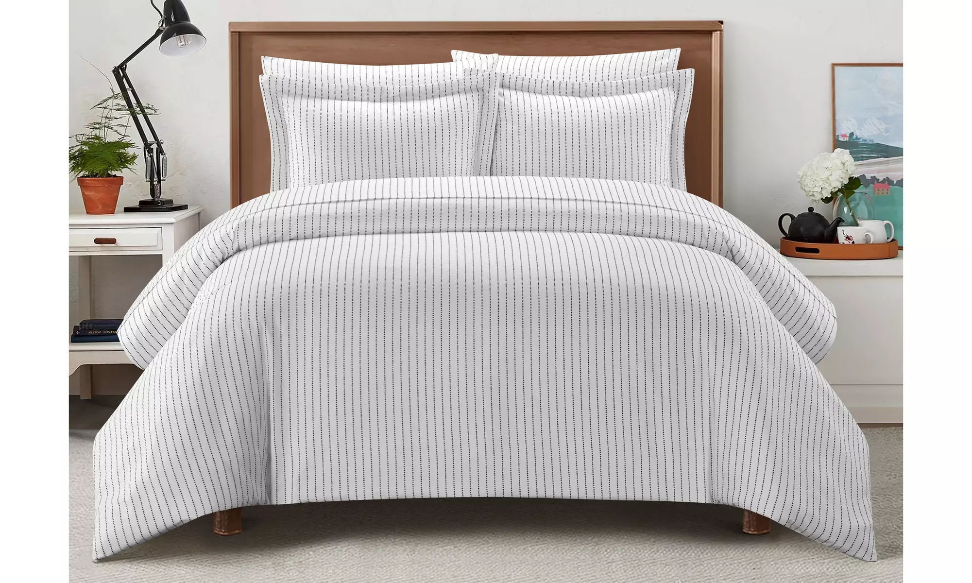 Wessely 2 or 3 Piece Duvet Cover Set Contemporary Solid White With Dot Striped - Primary Image