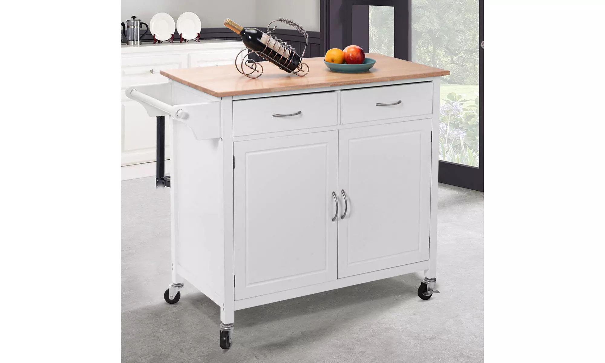 Rolling Kitchen Cart Island Wood Top Storage Trolley Cabinet Utility Modern