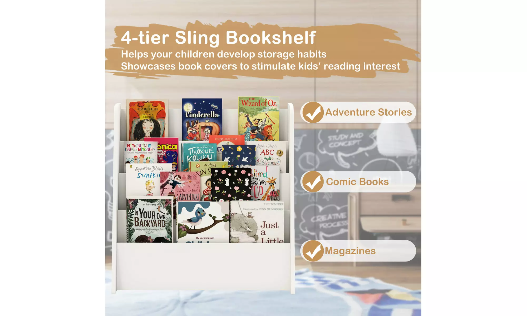 Costway 4-tier Kids Wooden Bookshelf Toddlers Book Rack with Deep Shelves