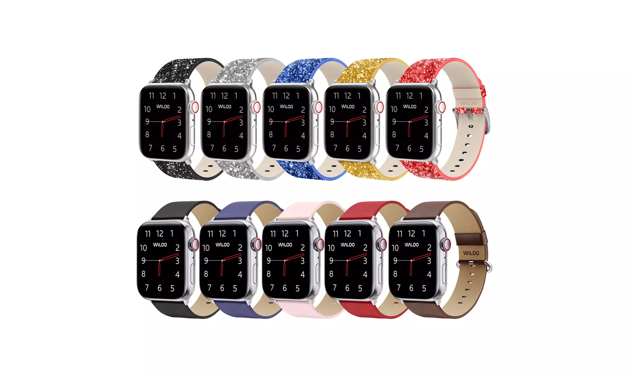Waloo 2 Pack Leather Bling & Leather Grain Apple Watch Bands