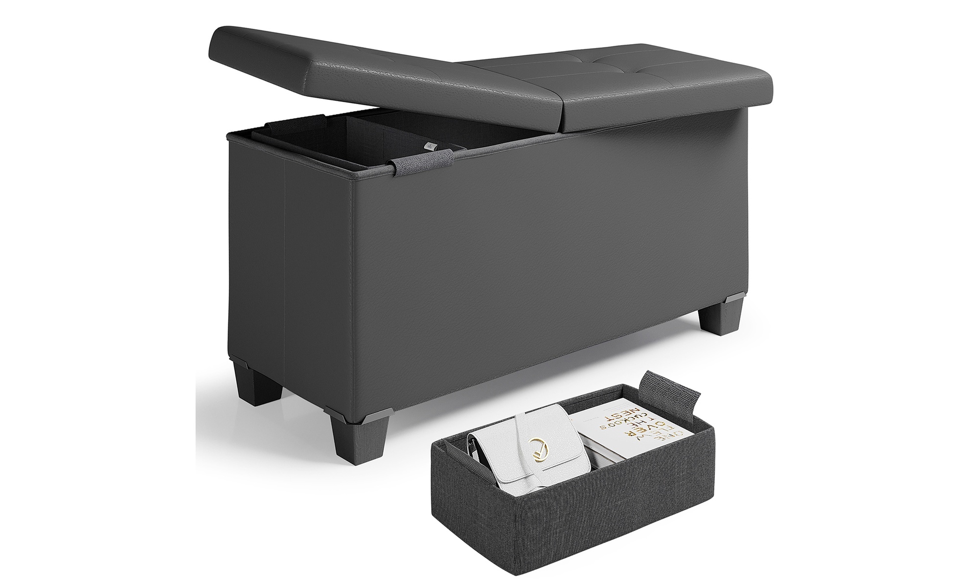 Nestl Storage Ottoman Bench with Storage Bins- 30 In. Faux Leather Storage Bench