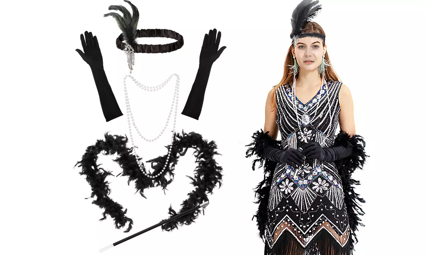 5Pcs Vintage 1920s Flapper Headband Feather Pearl Necklace Glove Accessories Set