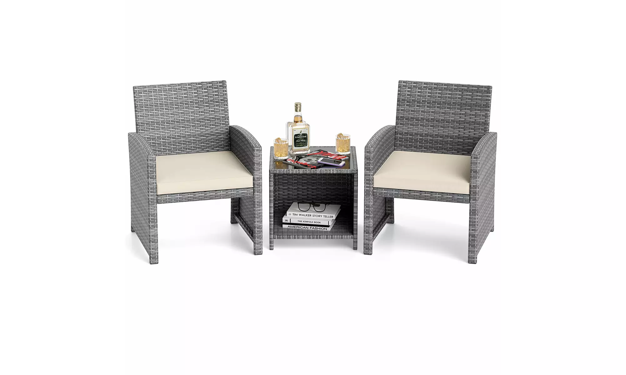 Costway 3-Piece Patio Furniture Set with Tempered Glass Coffee Table