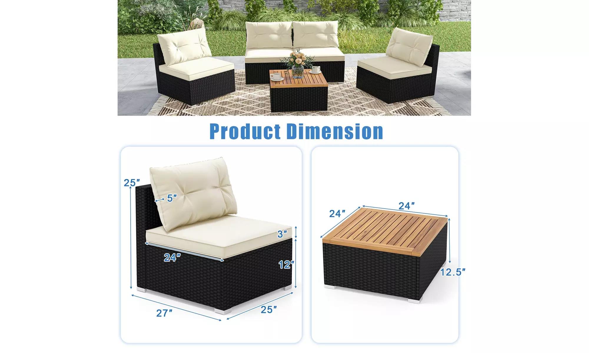 5 Piece Patio Rattan Furniture Set Acacia Wood Table Top Sofa Cushion Deck