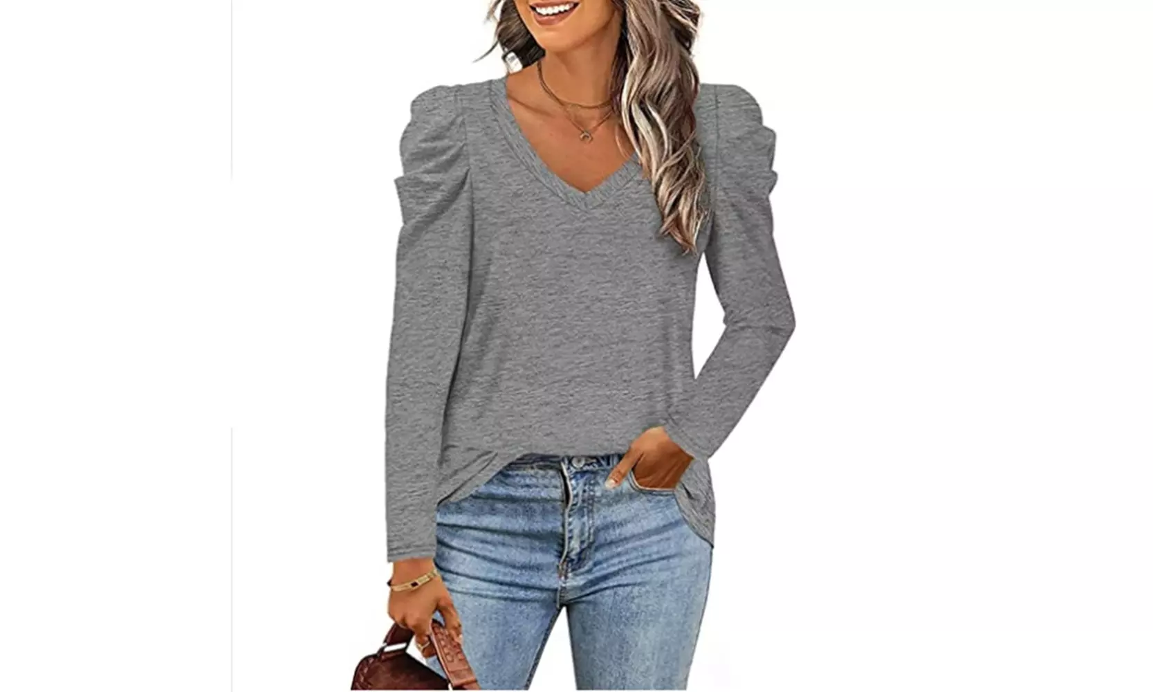Women's Puff Long-Sleeve V-Neck Sweater Casual Tunic Tops - Second Medium