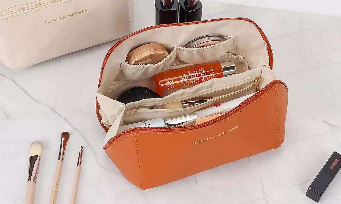 PU Leather Travel Wide-Open Toiletry Bag Makeup Large Capacity Organizer